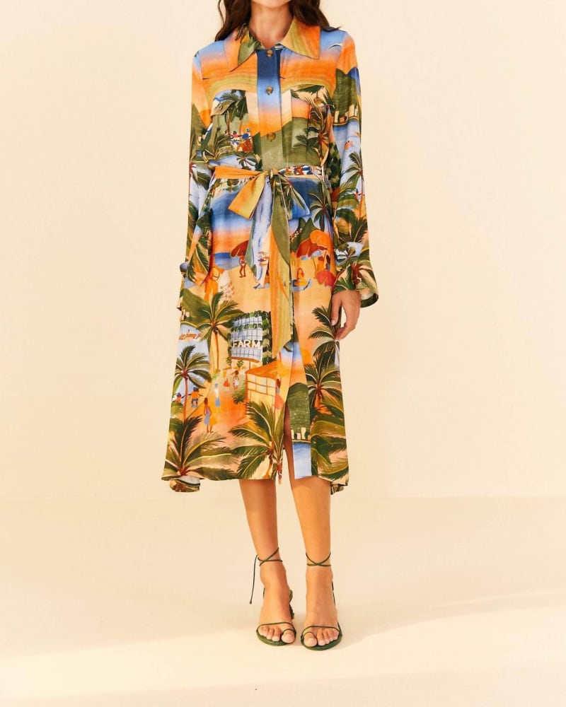 Front of a model wearing a size L Carioca Midi Shirt Dress in Multi in Multi by FARM RIO. | dia_product_style_image_id:334789